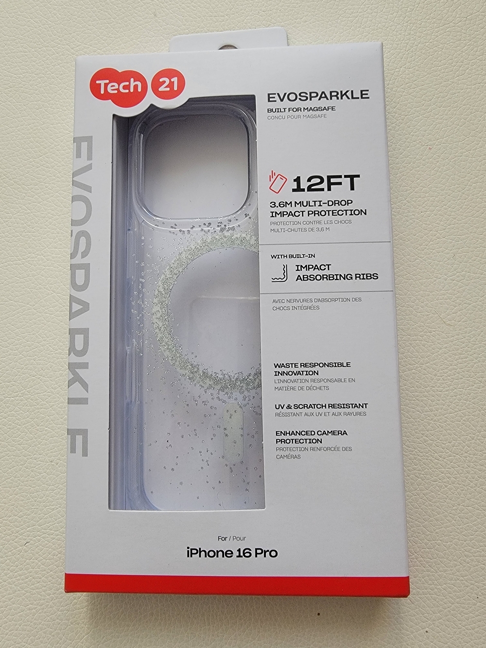 tech21 EvoSparkle Clear Glitter iPhone 16 Pro Case with Silver Sparkle